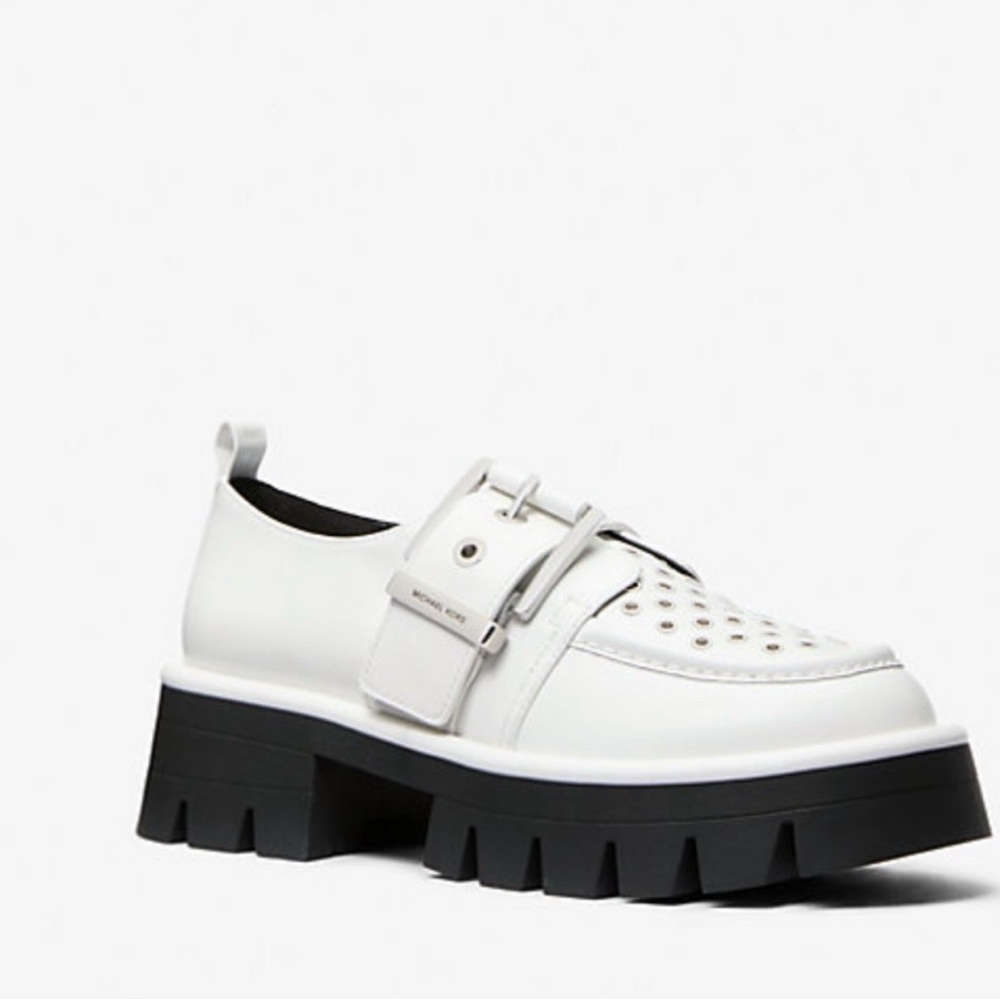 Michael Kors White Leather Platform Lug-Sole Loafer with Buckle